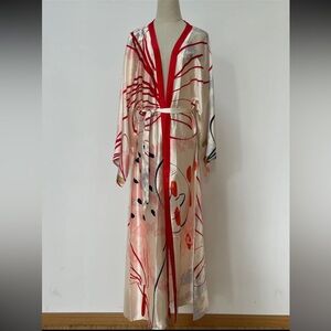 1120.  Silk Abstract Print Long Kimono Robe - Red Trim